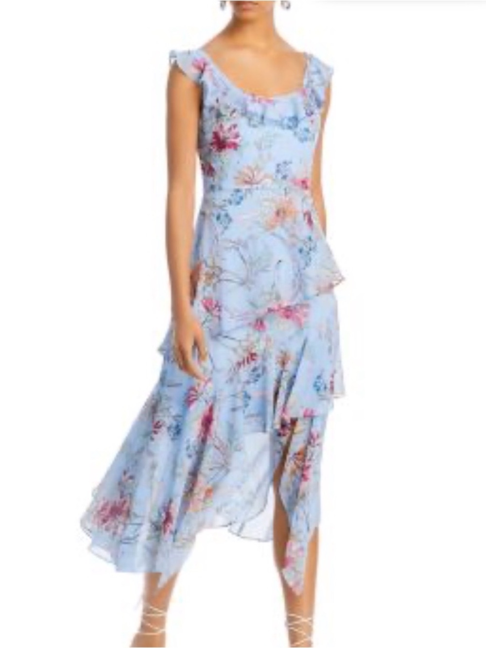 BCBGMaxAzria Light Blue Floral Ruffle High-Low Midi Dress